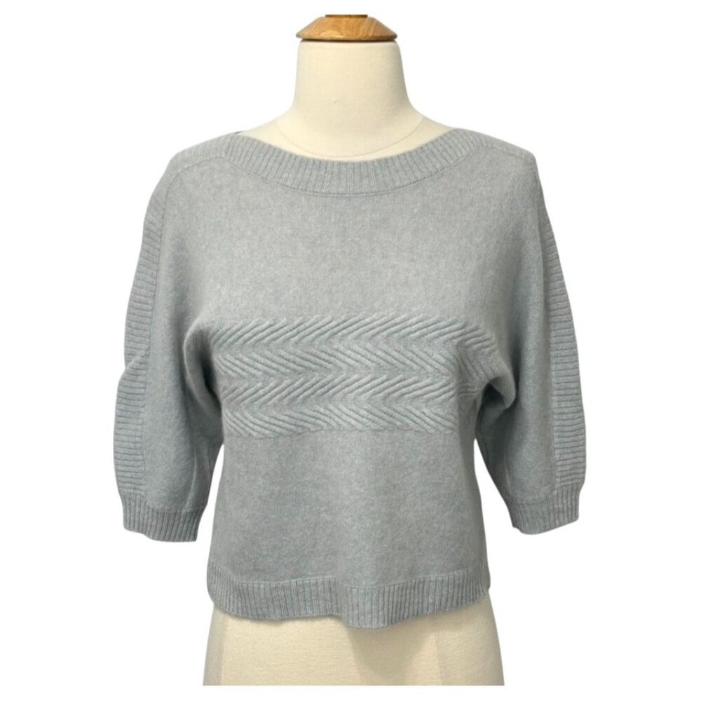 Kinross Womens Cashmere Sweater Icy Gray Blue 3/4 Sleeve Boxy Boat Neck Size XS